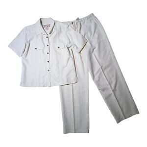 Vtg 1990s Caribbean Joe Ivory 2 Piece Short Sleeve Top Drawstring Pants Set L